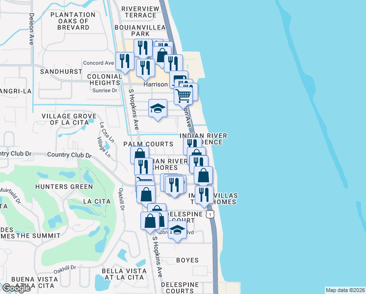 map of restaurants, bars, coffee shops, grocery stores, and more near 102 Court Street in Titusville