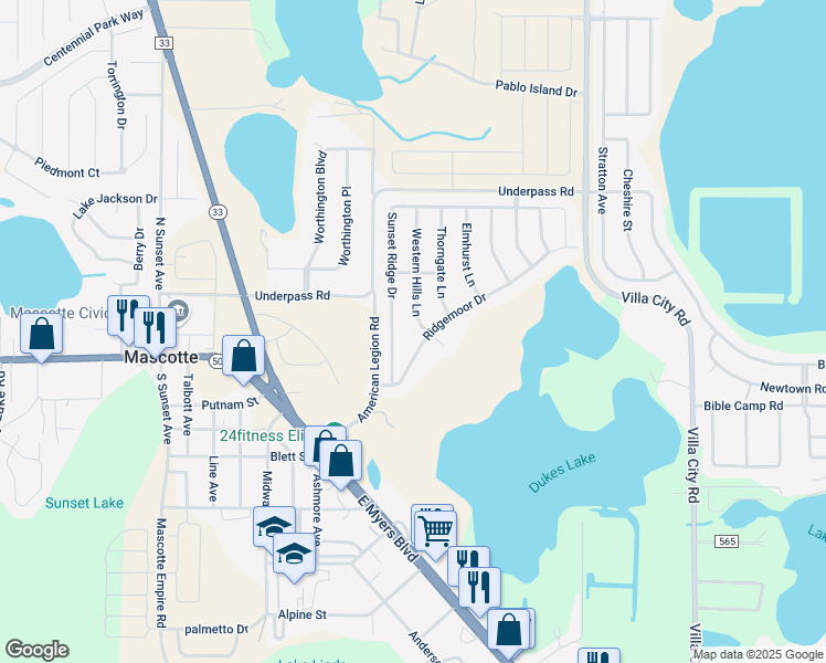 map of restaurants, bars, coffee shops, grocery stores, and more near 1805 Western Hills Lane in Mascotte