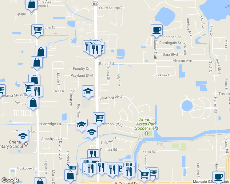 map of restaurants, bars, coffee shops, grocery stores, and more near 2600 Glyn Street in Orlando