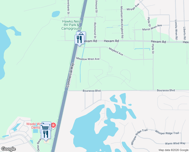 map of restaurants, bars, coffee shops, grocery stores, and more near 10298 Meadow Wren Avenue in Weeki Wachee