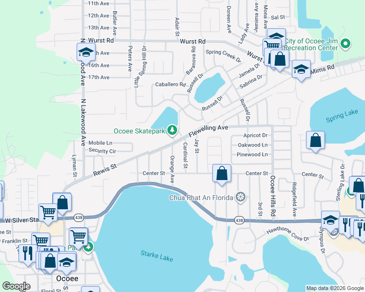 map of restaurants, bars, coffee shops, grocery stores, and more near 628 Cardinal Street in Ocoee