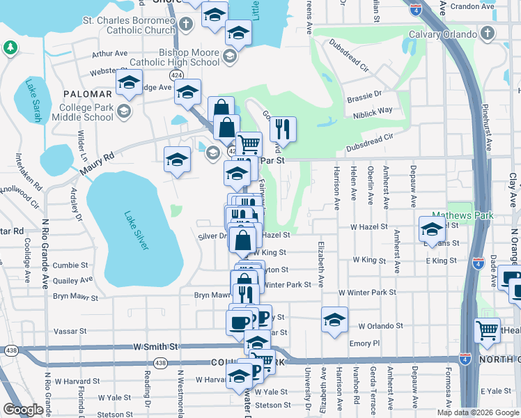 map of restaurants, bars, coffee shops, grocery stores, and more near 3036 Fairway Lane in Orlando