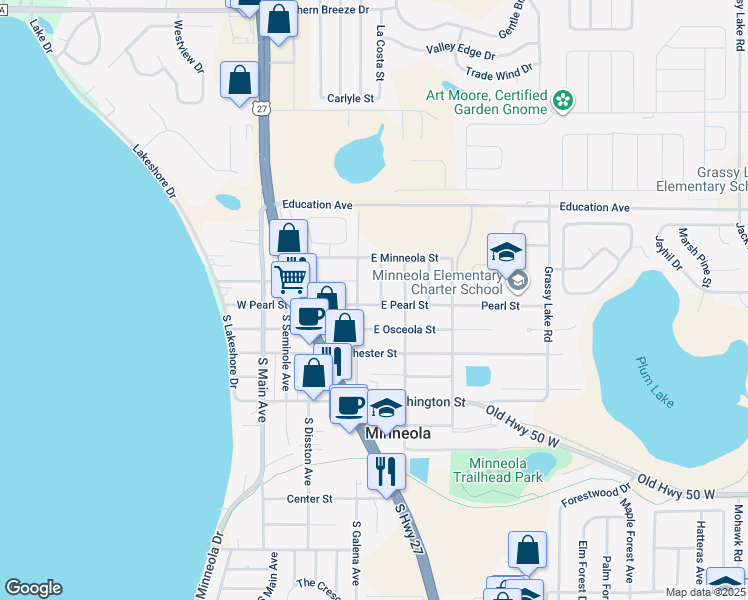map of restaurants, bars, coffee shops, grocery stores, and more near 102 East Pearl Street in Minneola