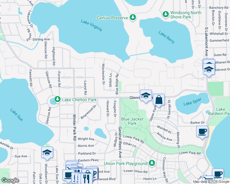 map of restaurants, bars, coffee shops, grocery stores, and more near 780 Arjay Way in Winter Park