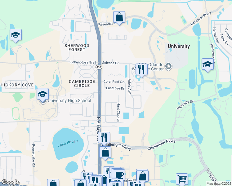 map of restaurants, bars, coffee shops, grocery stores, and more near 2834 Hunt Club Lane in Orlando