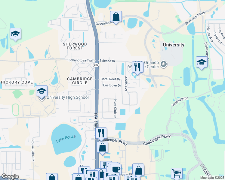 map of restaurants, bars, coffee shops, grocery stores, and more near 2834 Hunt Club Lane in Orlando