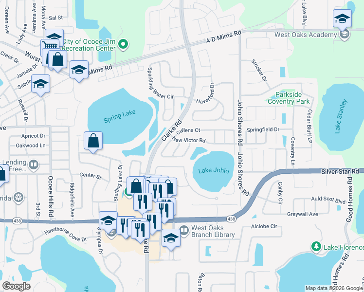 map of restaurants, bars, coffee shops, grocery stores, and more near 2709 Child Street in Ocoee