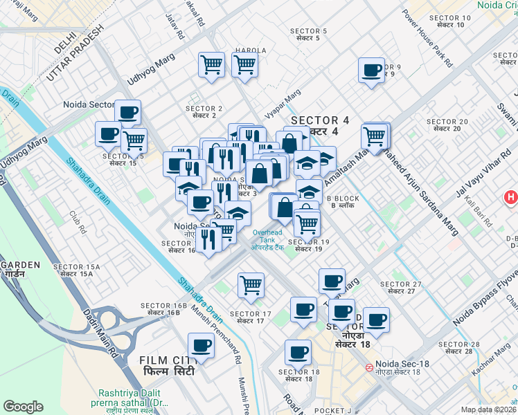 map of restaurants, bars, coffee shops, grocery stores, and more near in Noida
