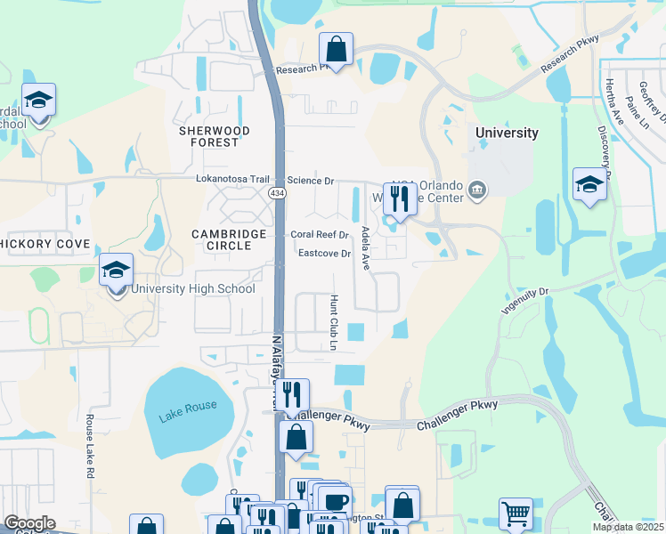 map of restaurants, bars, coffee shops, grocery stores, and more near 2847 Hunt Club Lane in Orlando