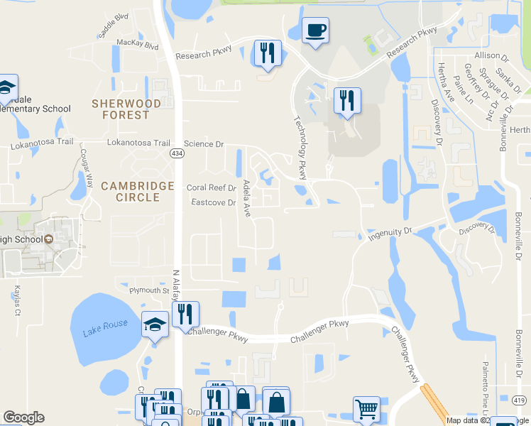 map of restaurants, bars, coffee shops, grocery stores, and more near 12383 Antonio Circle in Orlando