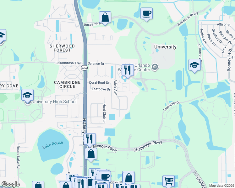 map of restaurants, bars, coffee shops, grocery stores, and more near 12399 Antonio Circle in Orlando