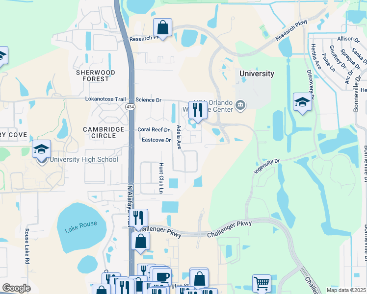 map of restaurants, bars, coffee shops, grocery stores, and more near 12383 Antonio Circle in Orlando