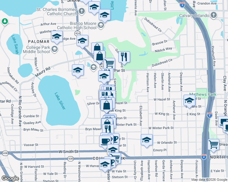 map of restaurants, bars, coffee shops, grocery stores, and more near 3036 Fairway Lane in Orlando