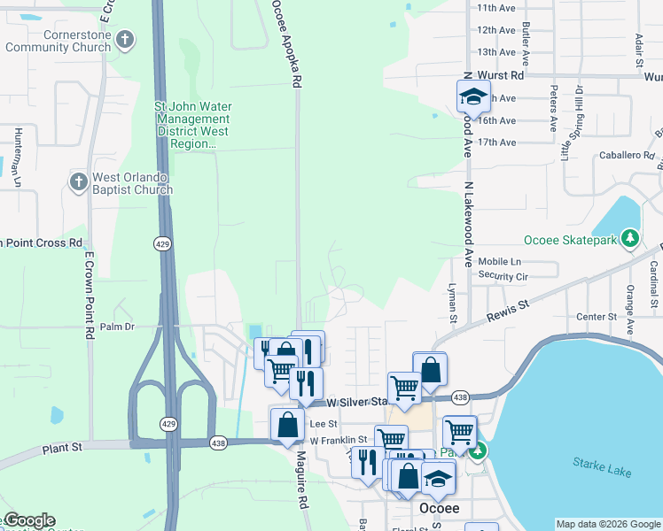 map of restaurants, bars, coffee shops, grocery stores, and more near 455 Ocoee Apopka Road in Ocoee