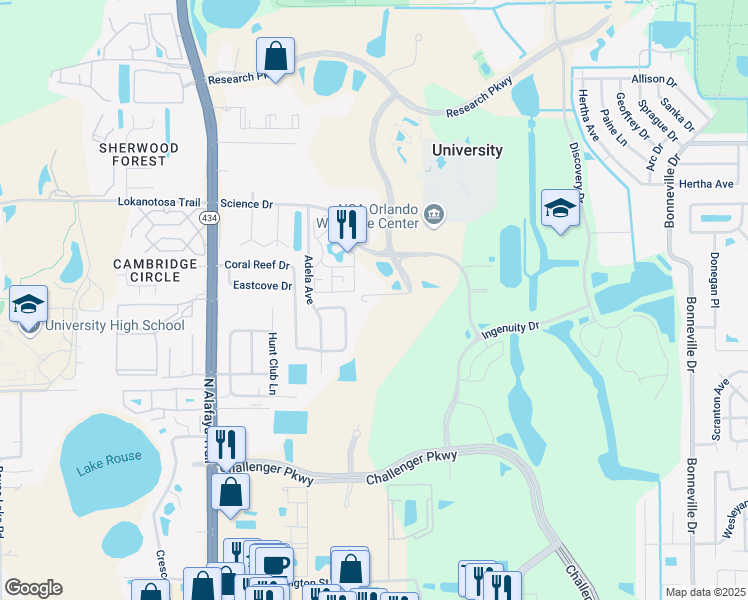 map of restaurants, bars, coffee shops, grocery stores, and more near 2804 Technology Parkway in Orlando