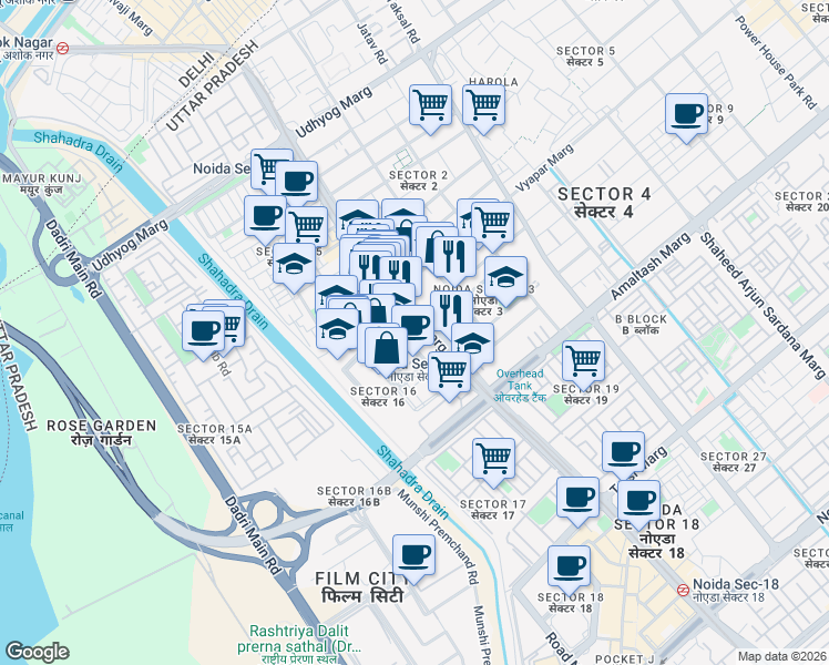 map of restaurants, bars, coffee shops, grocery stores, and more near in Noida
