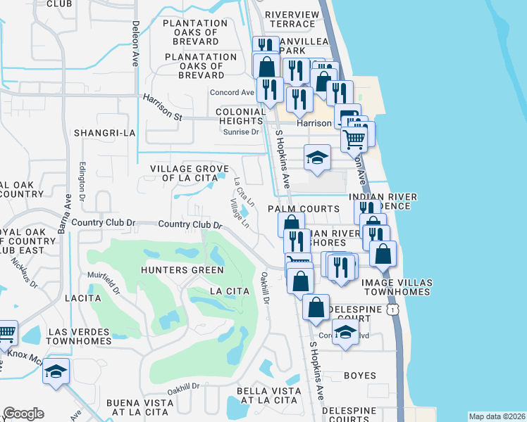 map of restaurants, bars, coffee shops, grocery stores, and more near 2630 La Cita Lane in Titusville