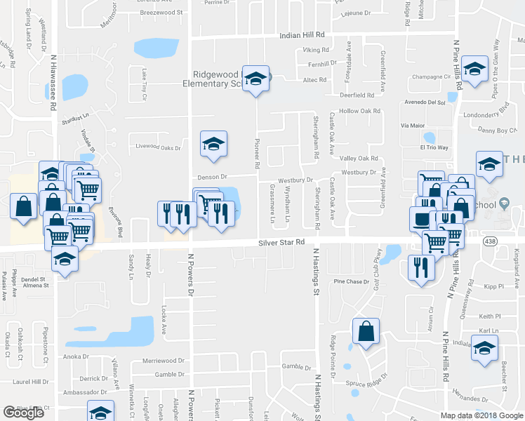 map of restaurants, bars, coffee shops, grocery stores, and more near 2711 Pioneer Road in Orlando