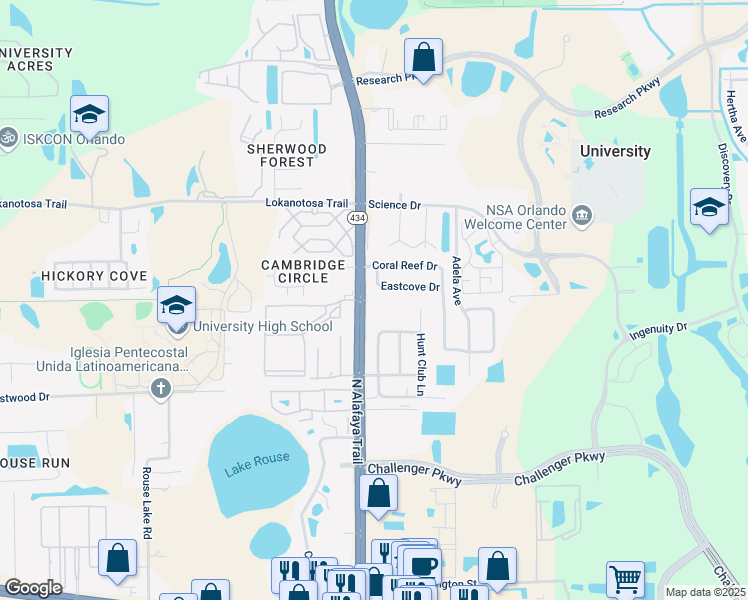 map of restaurants, bars, coffee shops, grocery stores, and more near 12101 Renaissance Court in Orlando