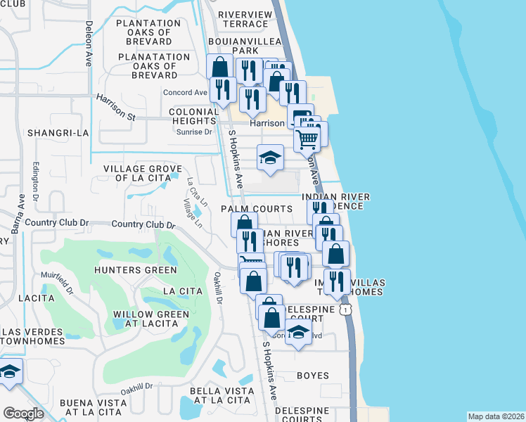 map of restaurants, bars, coffee shops, grocery stores, and more near 3265 Royal Palm Court in Titusville