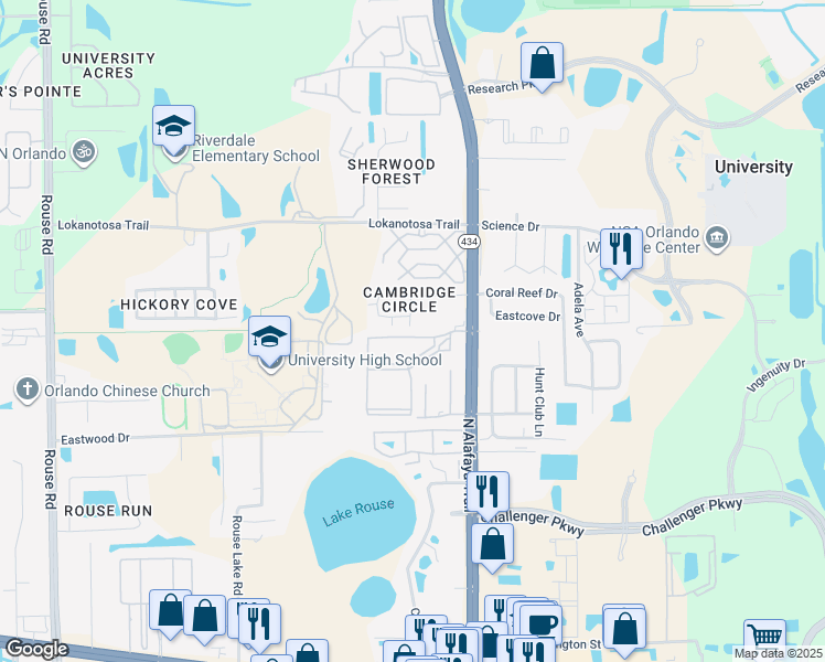 map of restaurants, bars, coffee shops, grocery stores, and more near 11751 College Park Trail in Orlando