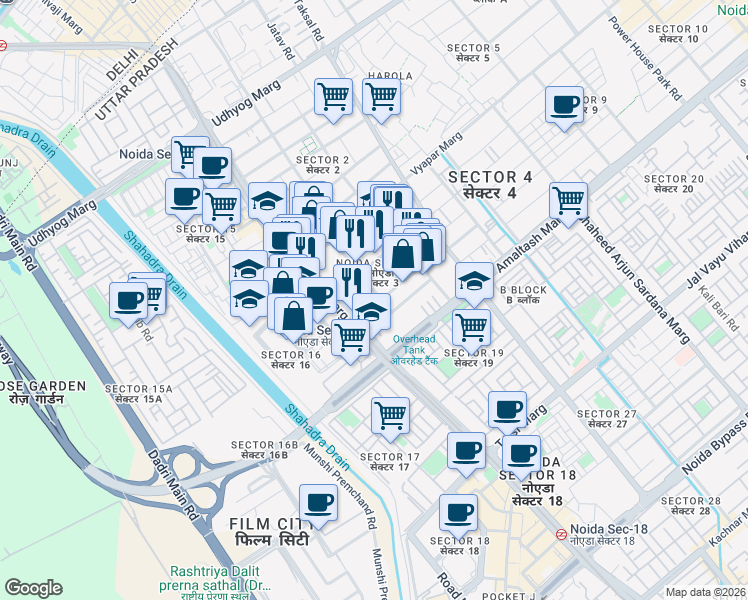 map of restaurants, bars, coffee shops, grocery stores, and more near in Noida