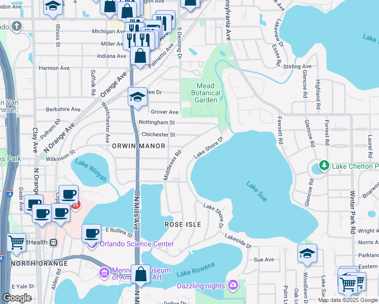 map of restaurants, bars, coffee shops, grocery stores, and more near 3030 Lake Shore Dr in Orlando