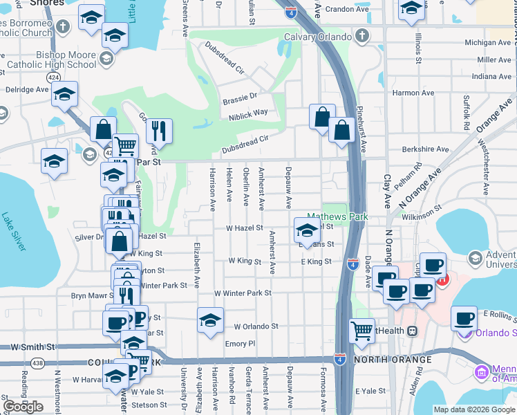 map of restaurants, bars, coffee shops, grocery stores, and more near 3104 Amherst Avenue in Orlando