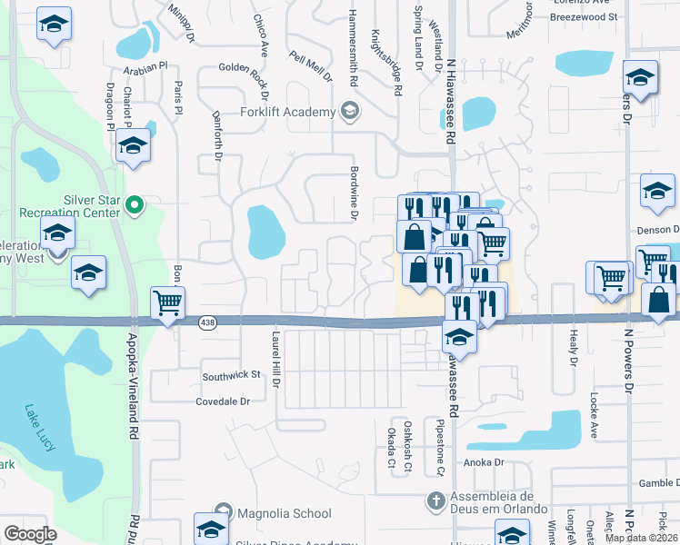 map of restaurants, bars, coffee shops, grocery stores, and more near 2814 Silkwood Circle in Orlando