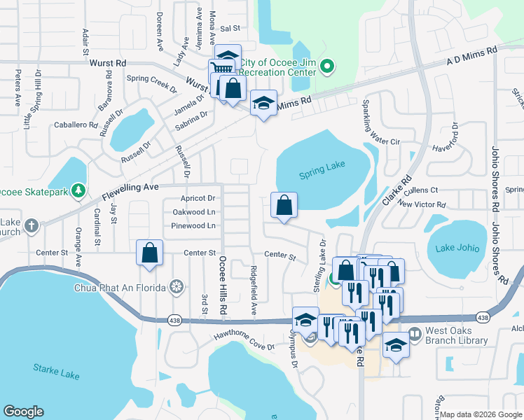 map of restaurants, bars, coffee shops, grocery stores, and more near 749 Vickers Lake Drive in Ocoee