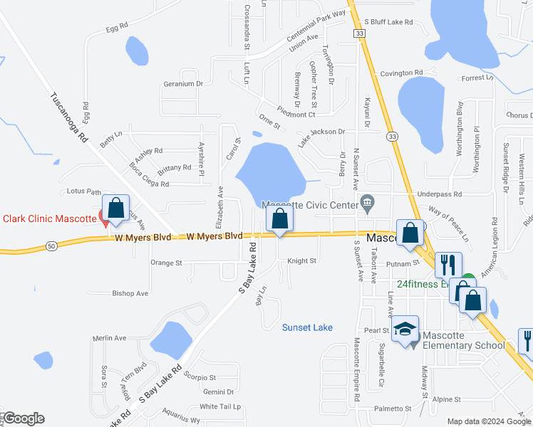 map of restaurants, bars, coffee shops, grocery stores, and more near 104 Berger Court in Mascotte