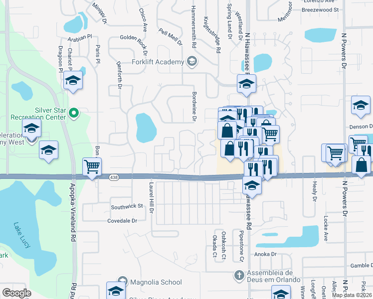 map of restaurants, bars, coffee shops, grocery stores, and more near 2814 Silkwood Circle in Orlando