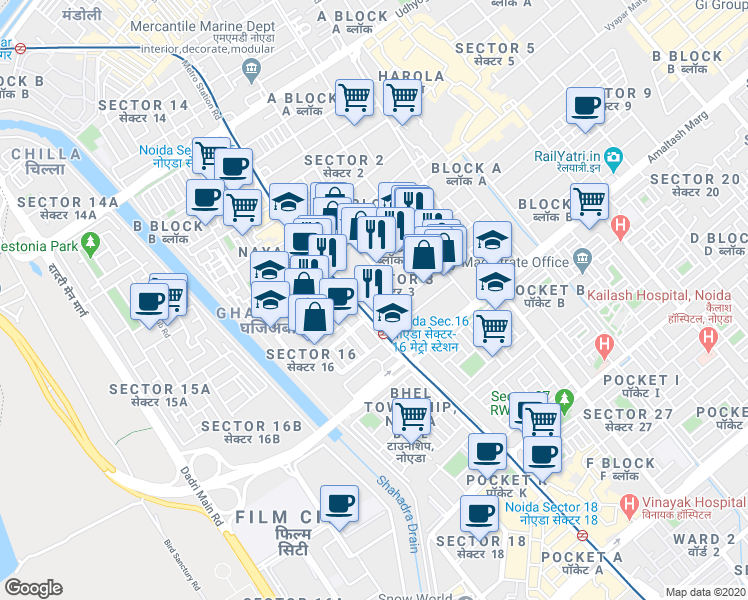 map of restaurants, bars, coffee shops, grocery stores, and more near in Noida