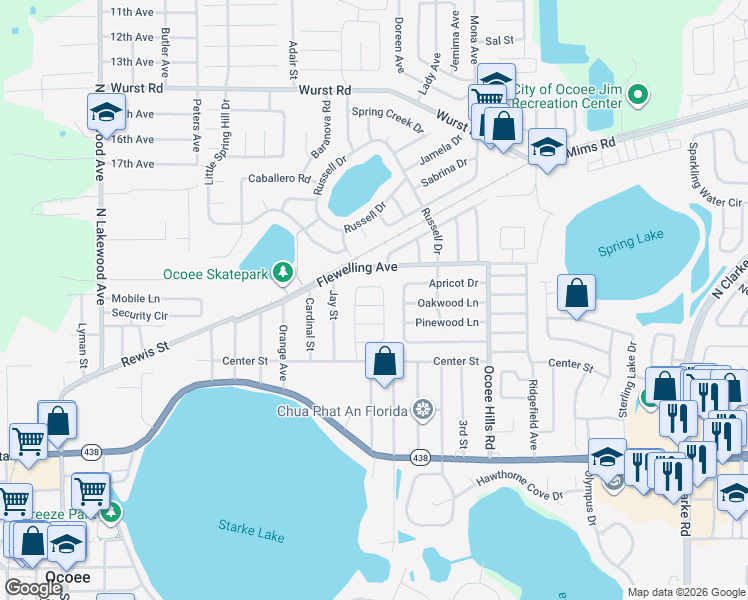 map of restaurants, bars, coffee shops, grocery stores, and more near 906 Alaska Drive in Ocoee