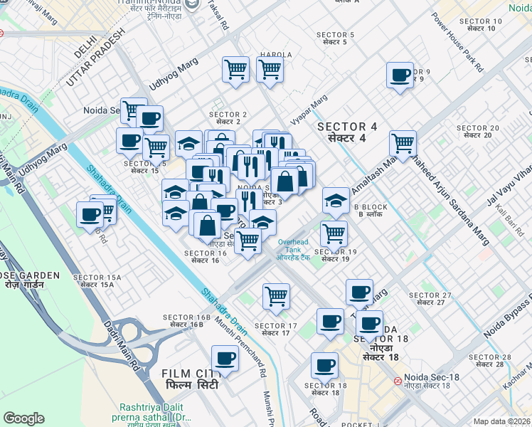 map of restaurants, bars, coffee shops, grocery stores, and more near 52 Park View Road in Noida
