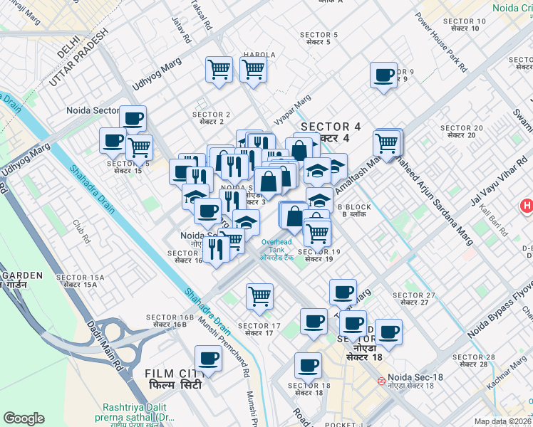 map of restaurants, bars, coffee shops, grocery stores, and more near in Noida