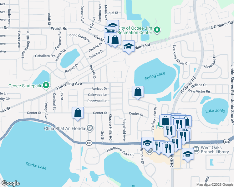 map of restaurants, bars, coffee shops, grocery stores, and more near 1407 Kimberly Street in Ocoee