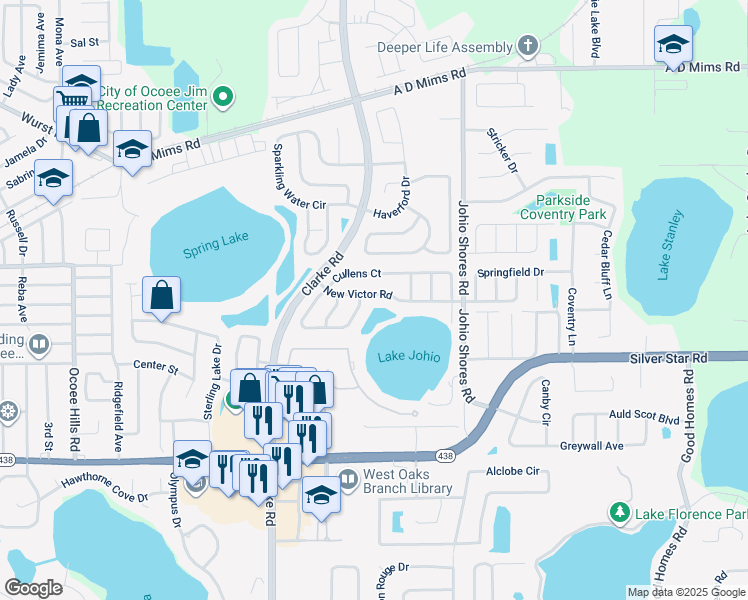 map of restaurants, bars, coffee shops, grocery stores, and more near 2124 New Victor Road in Ocoee