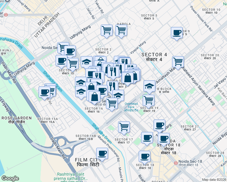 map of restaurants, bars, coffee shops, grocery stores, and more near in Noida