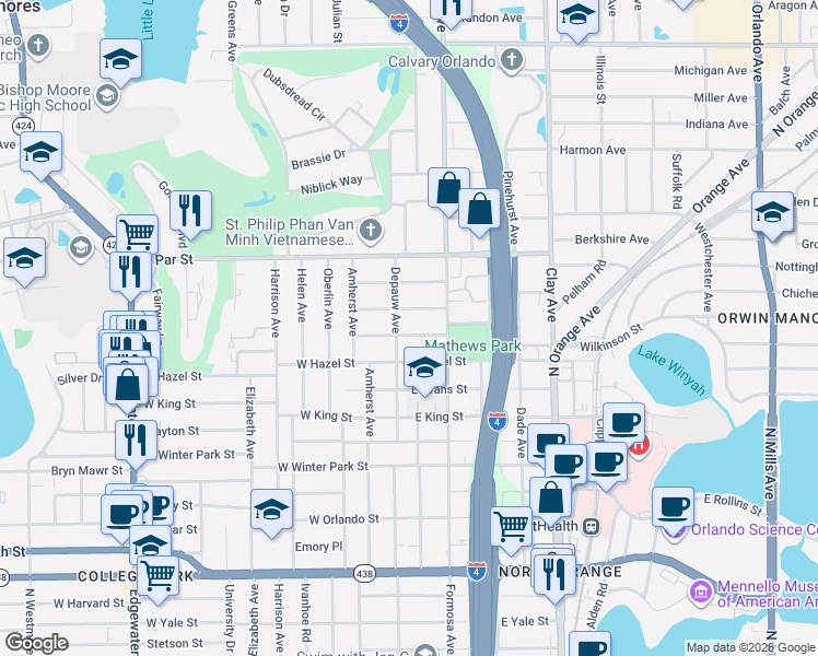 map of restaurants, bars, coffee shops, grocery stores, and more near 25 East Steele Street in Orlando