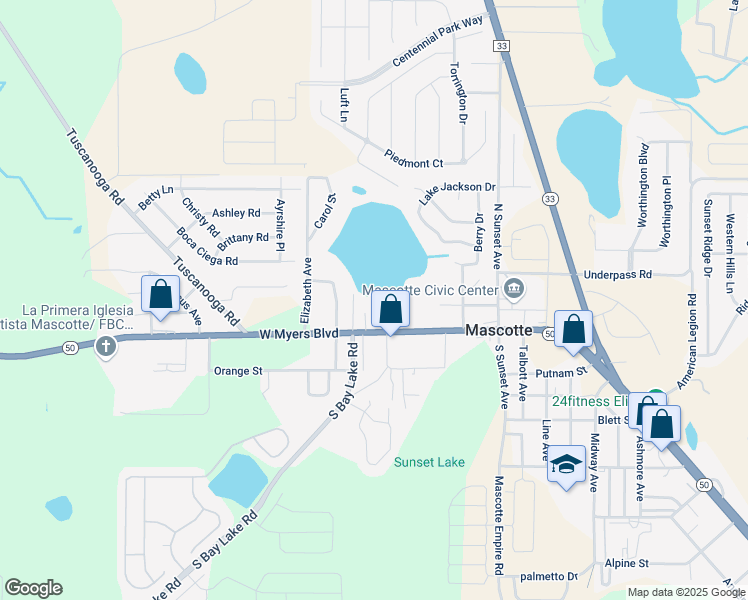map of restaurants, bars, coffee shops, grocery stores, and more near 104 Berger Court in Mascotte