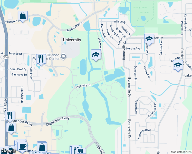 map of restaurants, bars, coffee shops, grocery stores, and more near 13501 Ingenuity Drive in Orlando