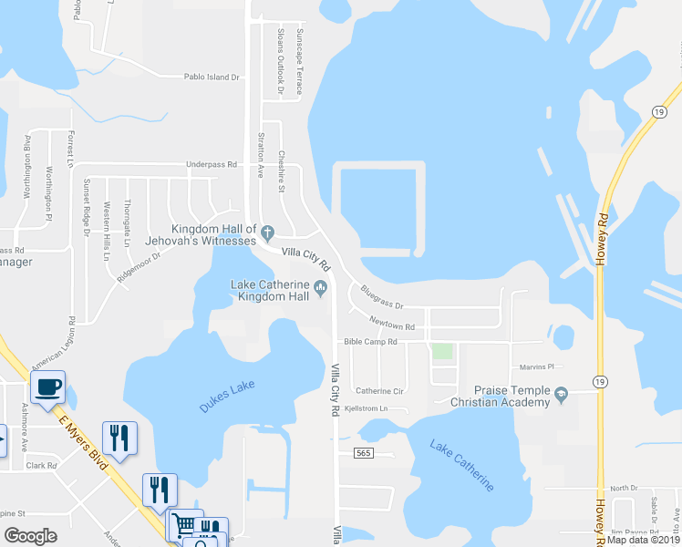 map of restaurants, bars, coffee shops, grocery stores, and more near 1050 Bluegrass Drive in Groveland