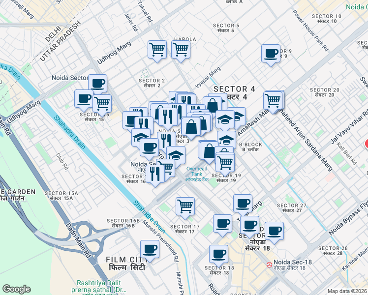 map of restaurants, bars, coffee shops, grocery stores, and more near in Noida
