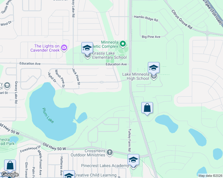 map of restaurants, bars, coffee shops, grocery stores, and more near 120 Colonial Pine Lane in Minneola