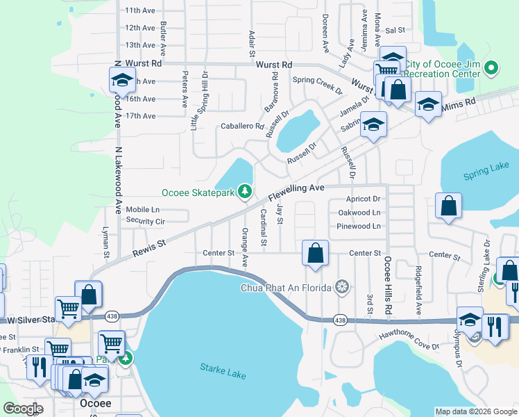 map of restaurants, bars, coffee shops, grocery stores, and more near 628 Cardinal Street in Ocoee