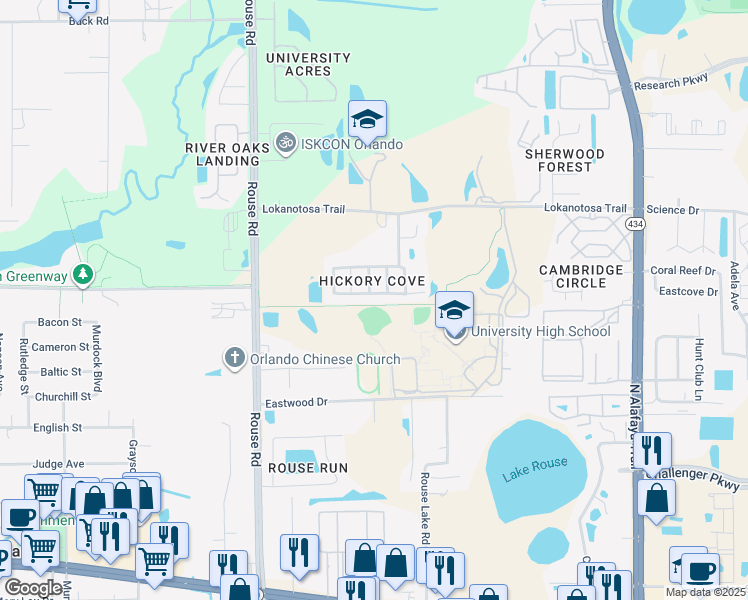 map of restaurants, bars, coffee shops, grocery stores, and more near 11342 Pinewood Cove Lane in Orlando