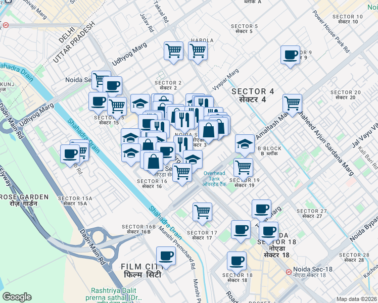 map of restaurants, bars, coffee shops, grocery stores, and more near in Noida