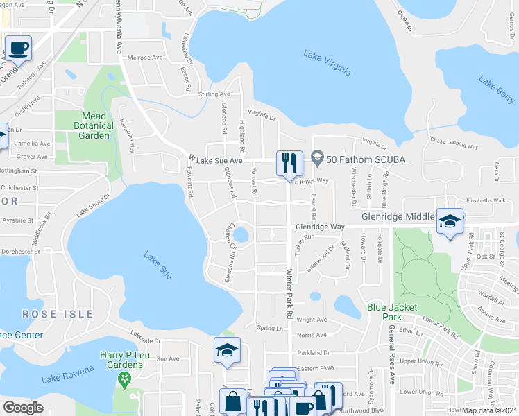 map of restaurants, bars, coffee shops, grocery stores, and more near 110 East Reading Way in Winter Park