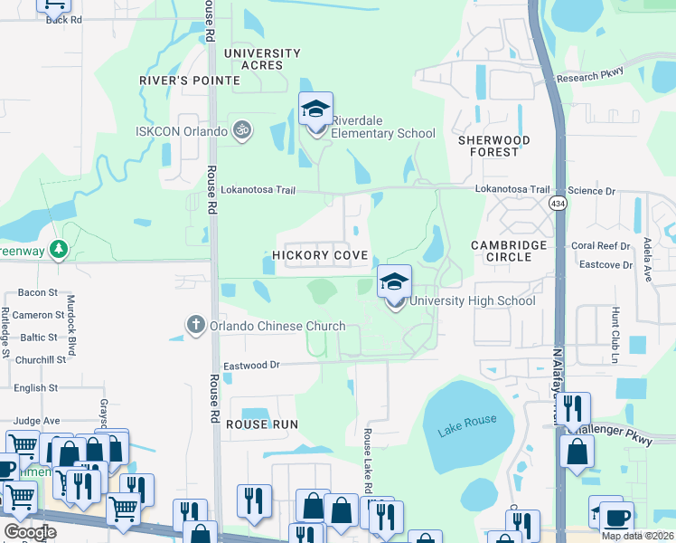 map of restaurants, bars, coffee shops, grocery stores, and more near 11342 Pinewood Cove Lane in Orlando